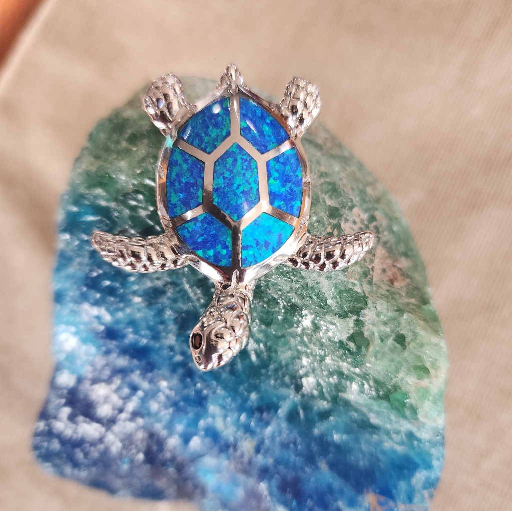 Sterling Silver And Blue Opal Sea Turtle Pendant